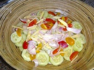 Filipino cucumber, tomato, onion, ginger and vinegar salad