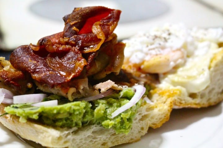Mushy peas, bacon, garlic and mayo sandwich