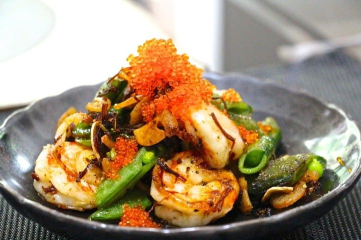 Scallops, prawns, snow peas & Tobbiko