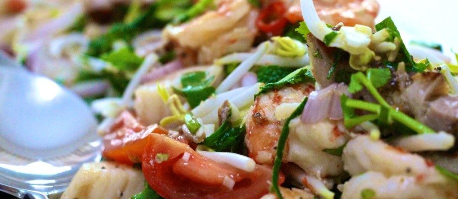 Thai salad of prawns, scallops and roast pork with Yuzu dressing