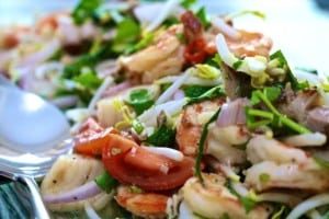 Thai salad of prawns, scallops and roast pork with Yuzu dressing