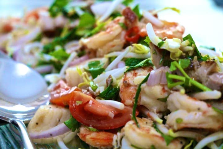 Thai salad of prawns, scallops and roast pork with Yuzu dressing 