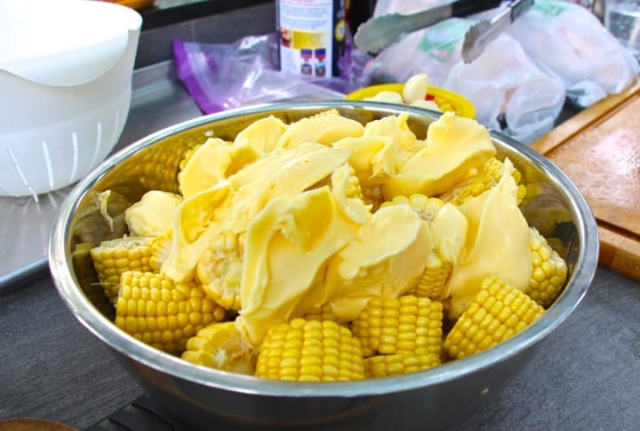 Sweetcorn. Easy peasy. Tub of margarine, salt and pepper. Bash on the <a class=