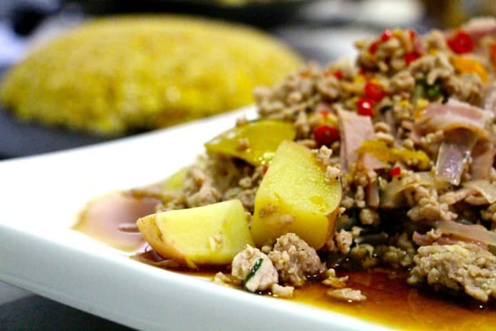 pork, potato and basil with fried rice Thai style