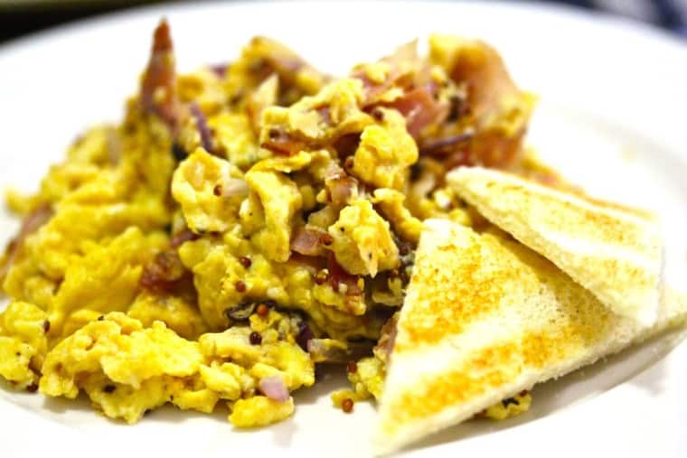 Parma ham scrambled eggs with wholegrain mustard