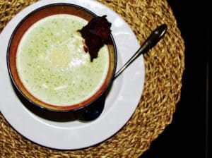 Water Cress and Edamame Cream Soup With Crispy Bacon