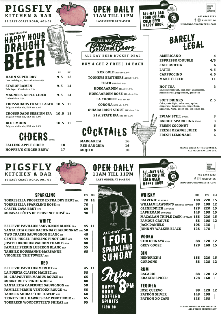 Drinks menu at PigsFly Kitchen