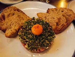 Tartare de Boeuf à la Moutarde Edmond Fallot Small/Large Tenderloin beef tartare with egg yolk, condiments & mustard