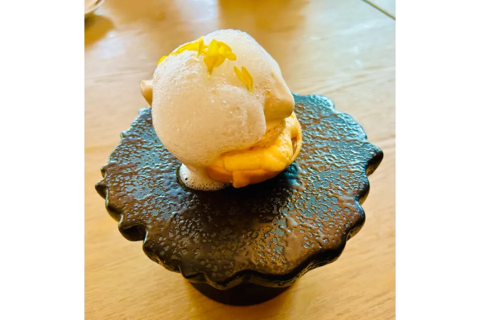 Yuzu Tart, Yuzu & Japanese Orange Base, Japanese Orange & Yuzu Gelatin, Sponge Cake infused with Umeshu, home-made Vanilla Ice-cream, and Mikan Foam. Noka by Tippling Club