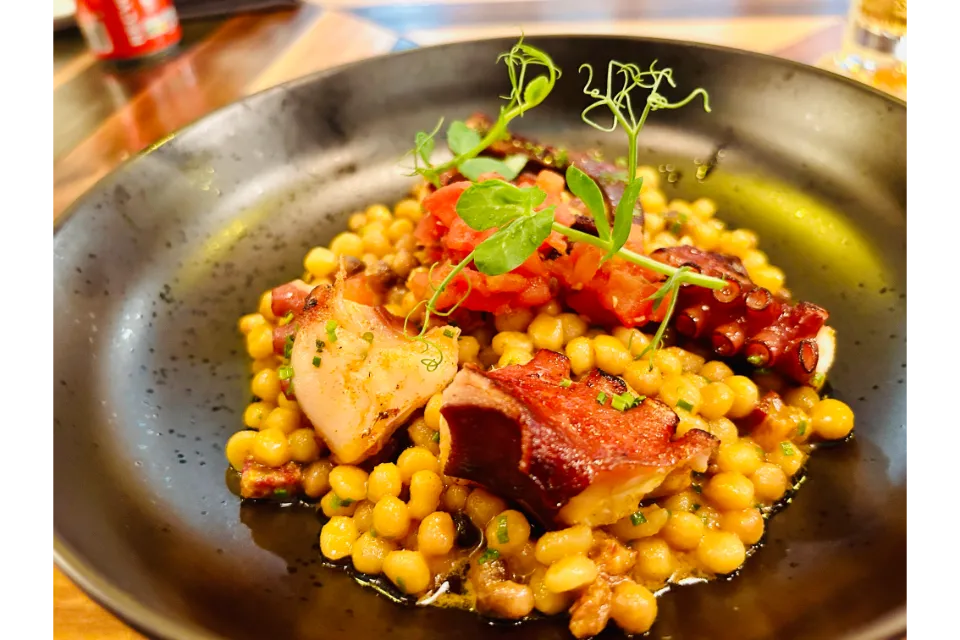 bar a thyme Fremantle Octopus à la Plancha Chorizo, Fregola Sarda Spicy Tomato Chutney