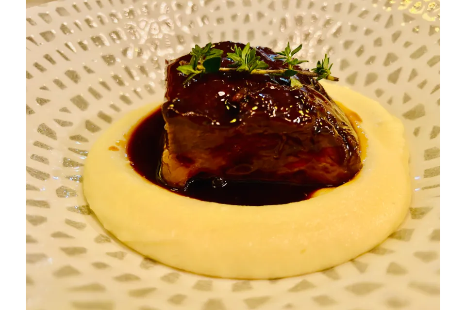 Braised Angus Beef Cheek Mashed Potatoes Red Wine Jus bar a thyme