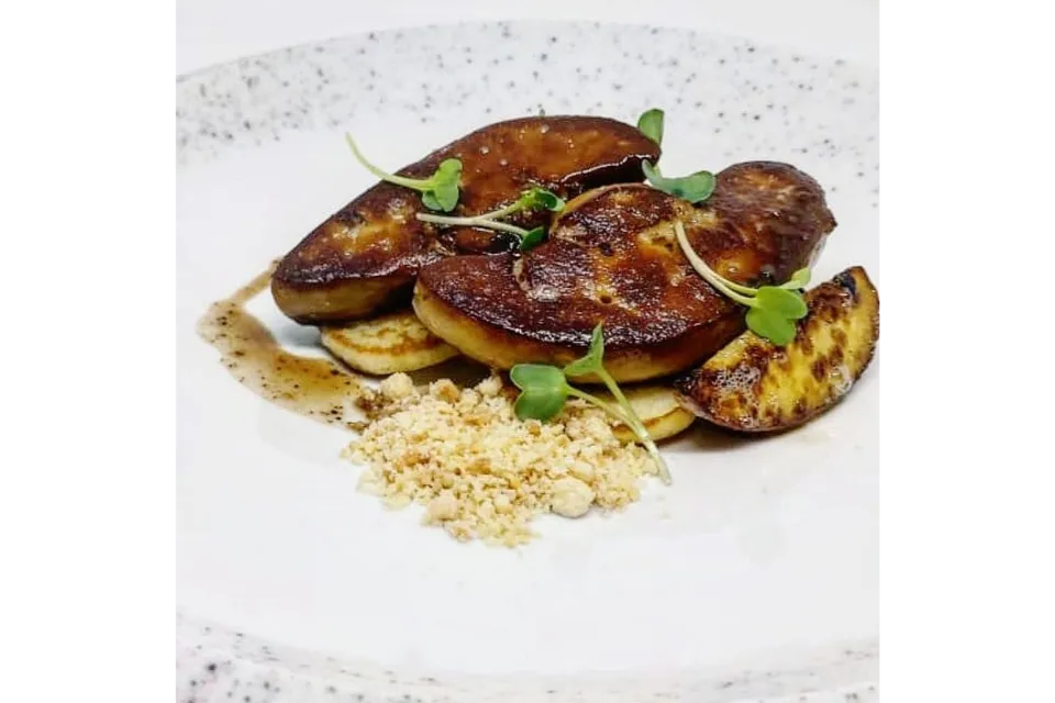 Pan Seared Foie Gras White Peach, Blinis bar a thym