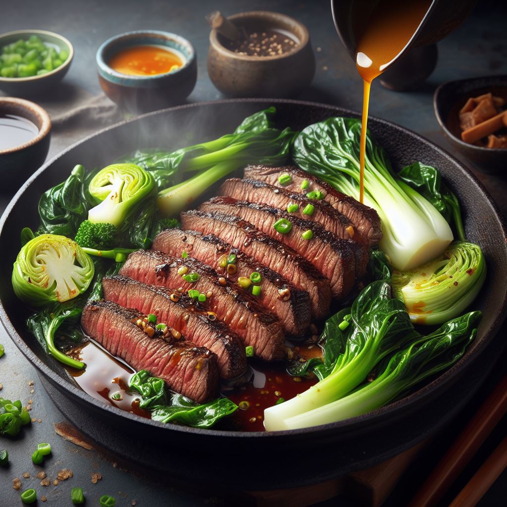 Skirt Steak with Asian Greens Sear skirt steak, then serve over a bed of steamed bok choy and other Asian greens. Drizzle with a ginger-soy dressing