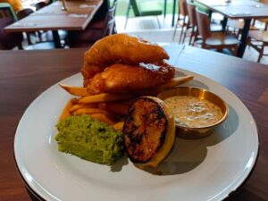 Beer Battered Fish & Chips, Mushy Peas, Tartare Sauce & Lemon: $36