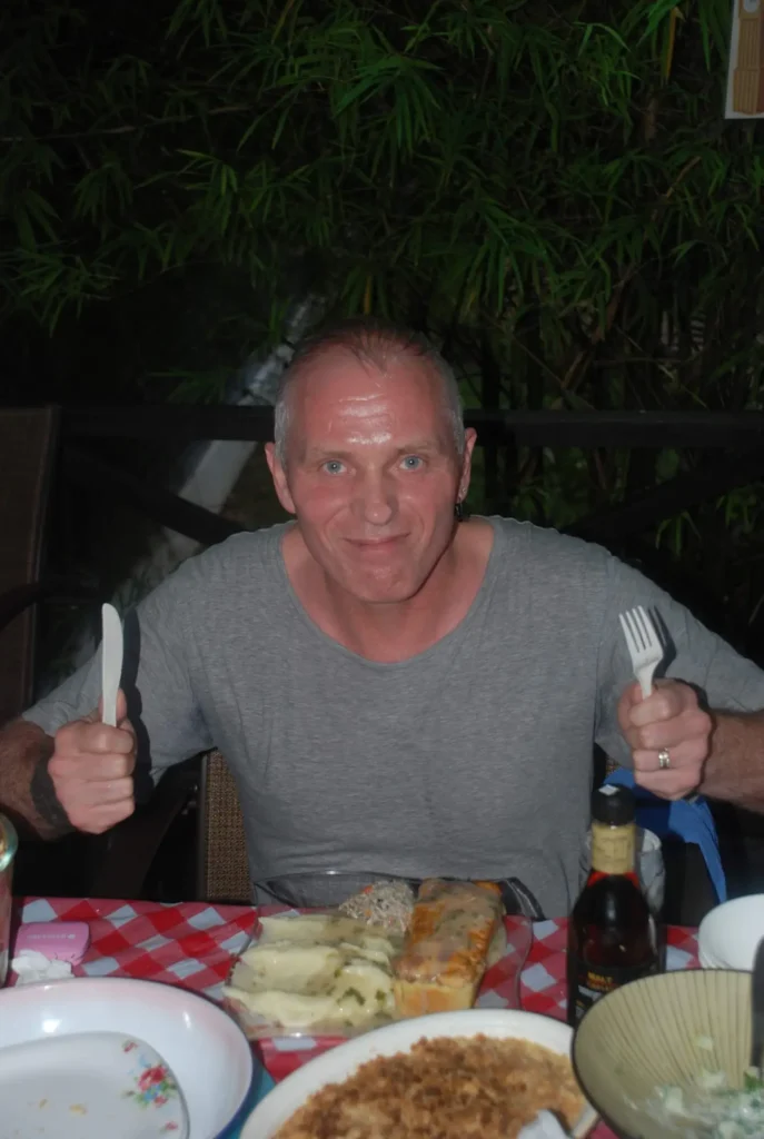 Pie n Mash BBQ with The Shamen 2 Pie n Mash BBQ with The Shamen British BBQ Pie n Mash Mr C The Shamen about to tuck in